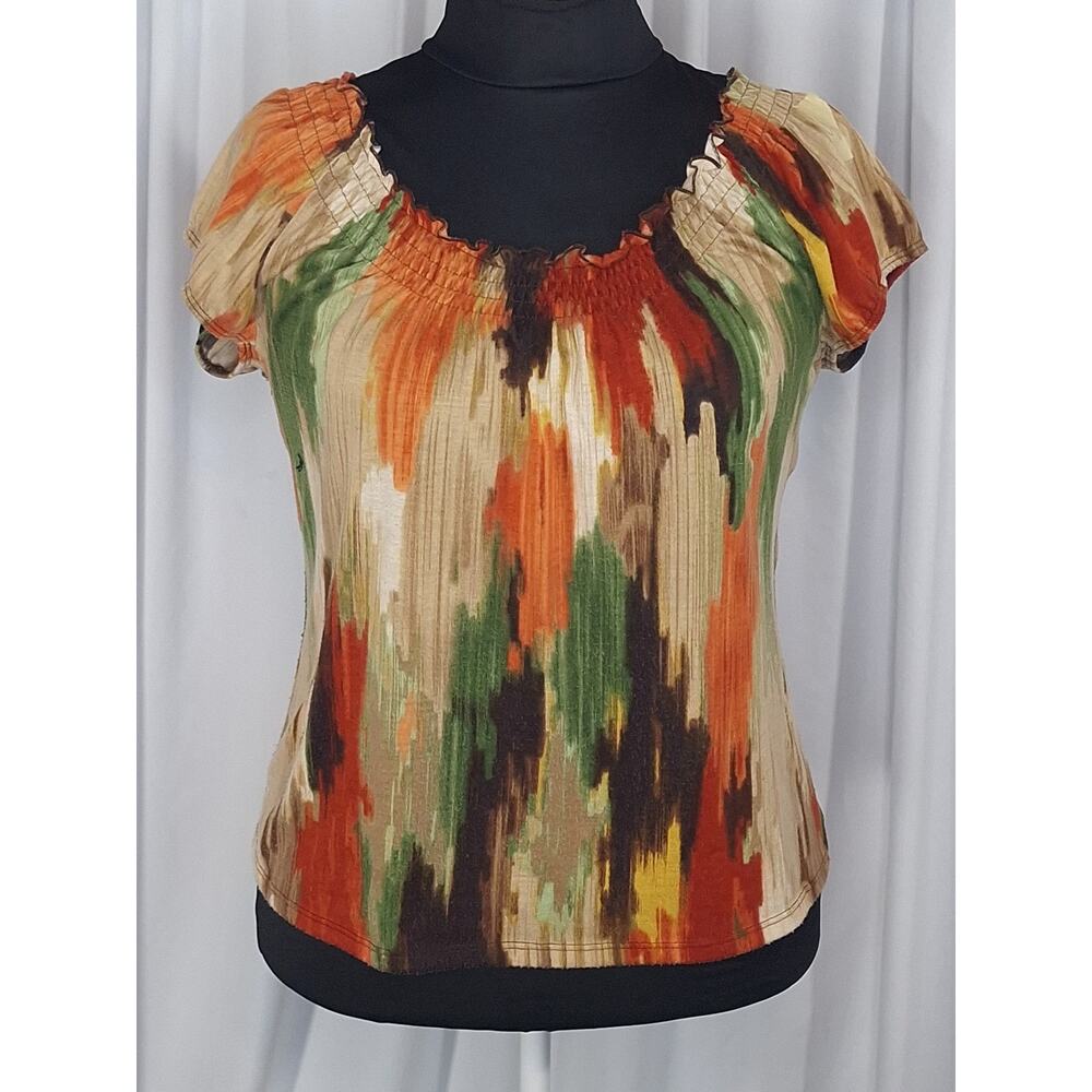 Claudia Richard Boho Peasant Blouse Large Earth Tone Tie Dye Artsy Festival Top